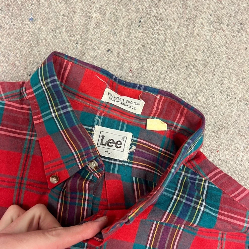 Vintage Lee Button Up Shirt Mens Large Red 1970s Plaid Long Sleeve - Picture 4 of 8